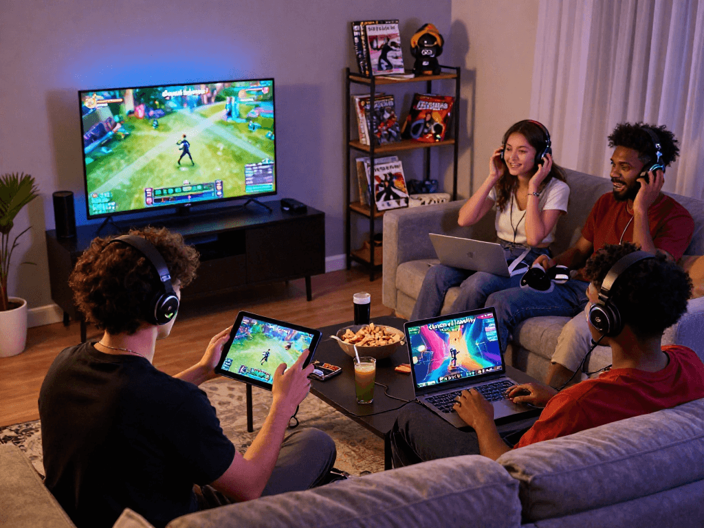 Group enjoying adult gaming with degrees of lewdity in cozy living room.