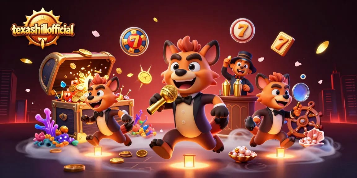 texashillofficial brings excitement to players with vibrant cartoon hyenas in a casino scene.