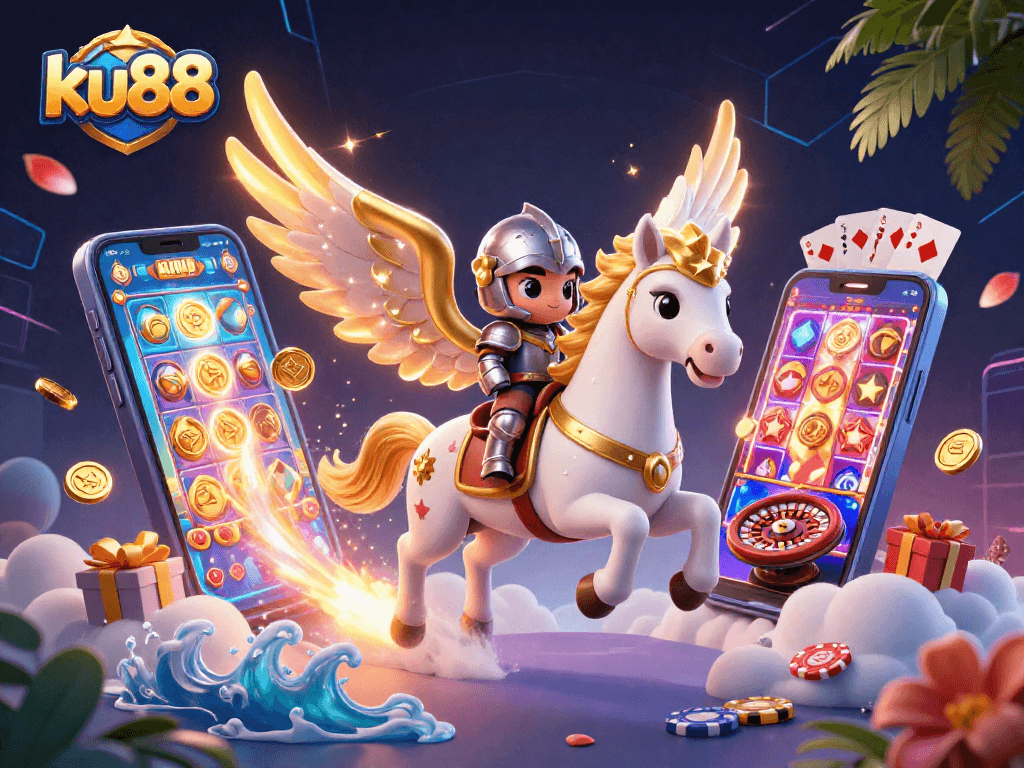 ku88 show spinning slots and coins in a vibrant casino-themed scene