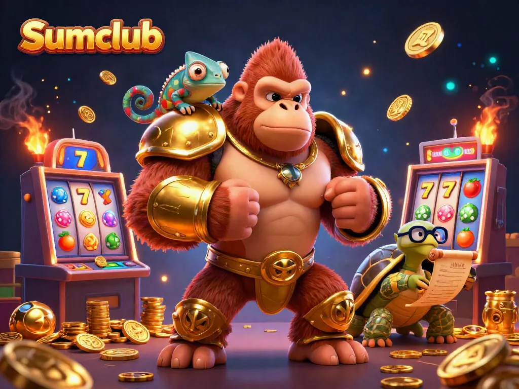 Experience the excitement of Sumclub with vibrant slot machines and animated gold coins in a thrilling scene.