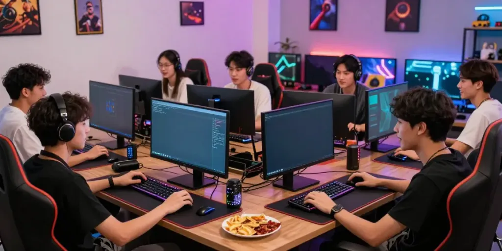 Kilat 404 gaming community gathering with vibrant decor and monitors.