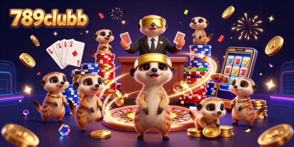 Engage in thrilling games at 789clubb with dynamic meerkat casino scene filled with chips and excitement.