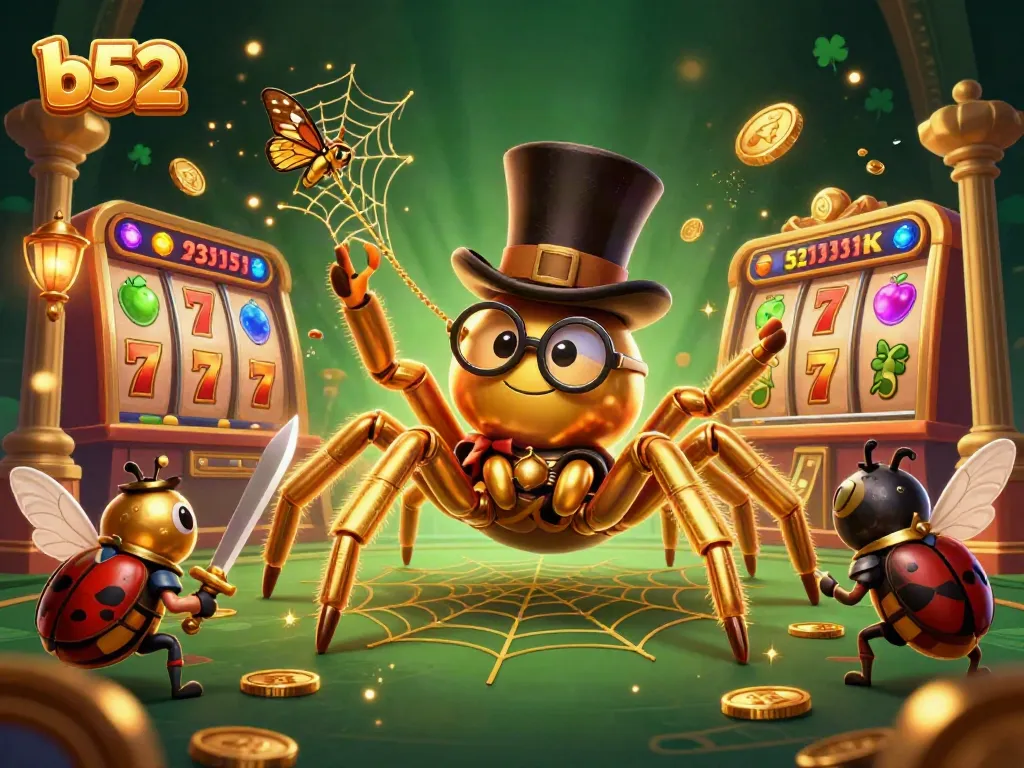 B52-themed engaging casino illustration of a golden tarantula and beetle knight amidst slot reels and coins