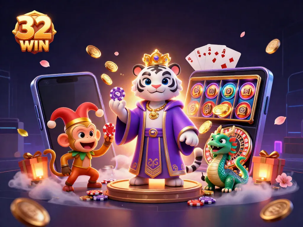 Experience excitement with 32 WIN as the elegant tiger, playful monkey, and jade dragon join the casino adventure.