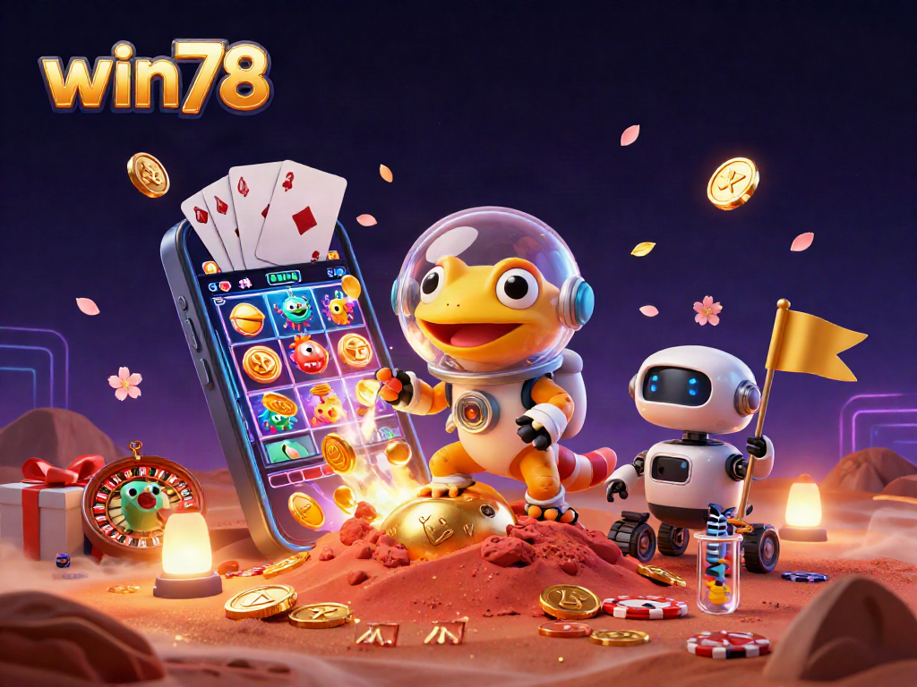 Win78 showcases a lively 3D casino scene with unique characters and exciting gaming elements.