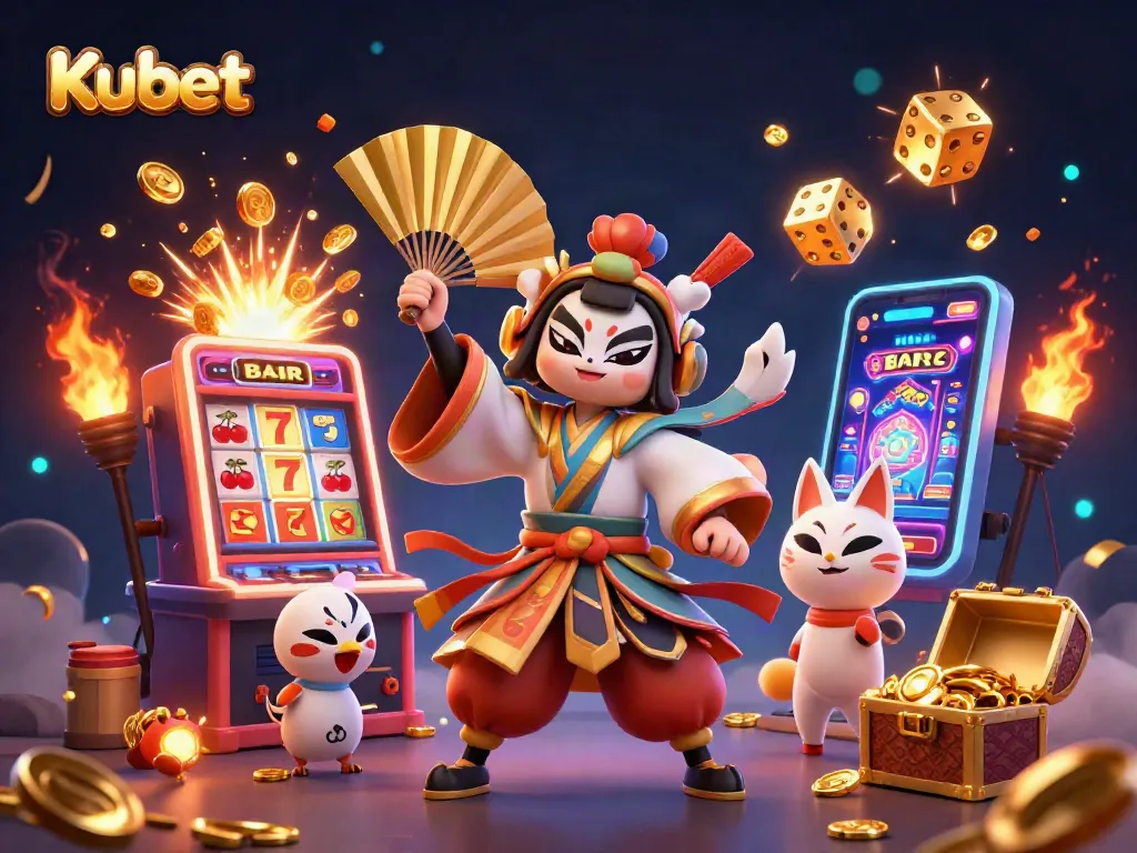 Kubet casino scene featuring vibrant characters, a bursting slot machine, and dynamic game elements.