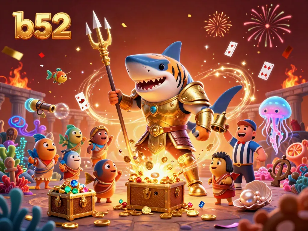 Engaging scene with a b52-themed underwater colosseum featuring a tiger shark in gladiator armor and fish audiences.