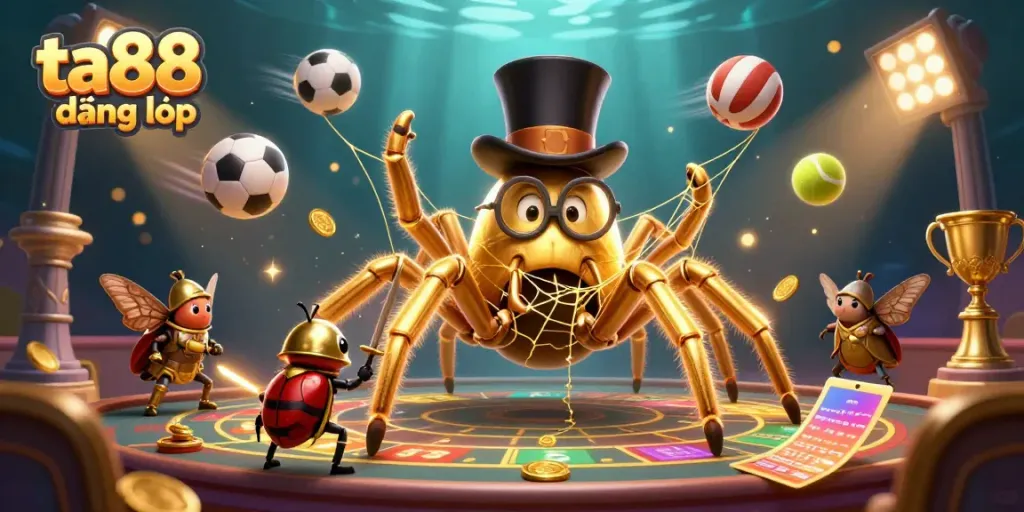 Engage in thrilling gameplay with ta88 đăng nhập featuring animated casino characters and vibrant gambling elements.