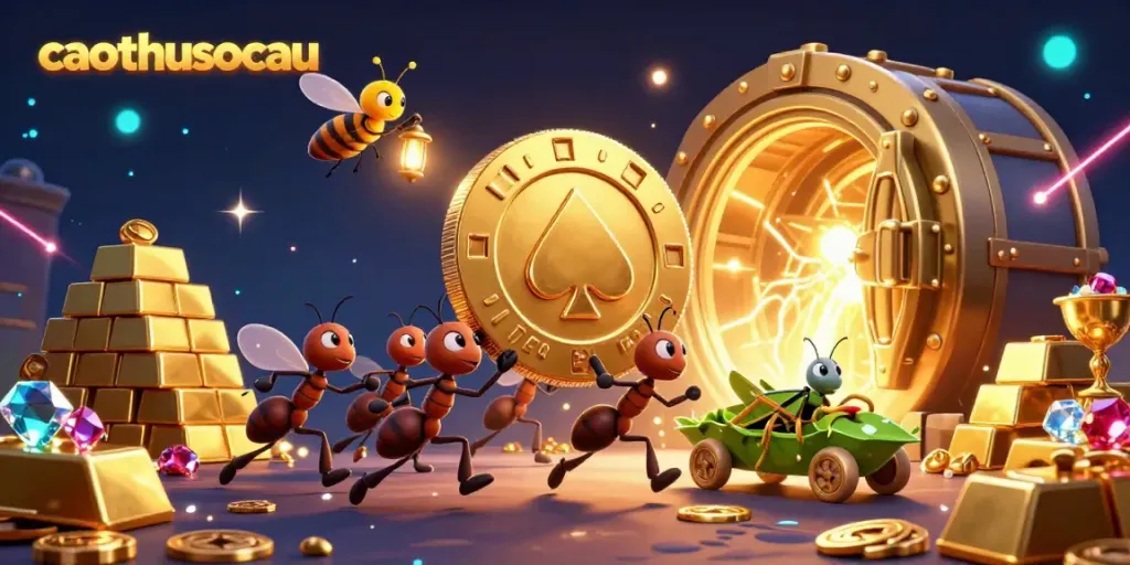Engage with caothusoicau as cartoon ants navigate a vibrant heist scene packed with treasures.
