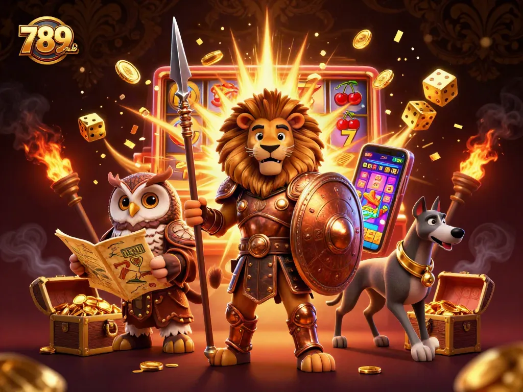 Experience thrilling spins with 789club's vibrant casino scene, featuring dynamic characters and slot machine action.