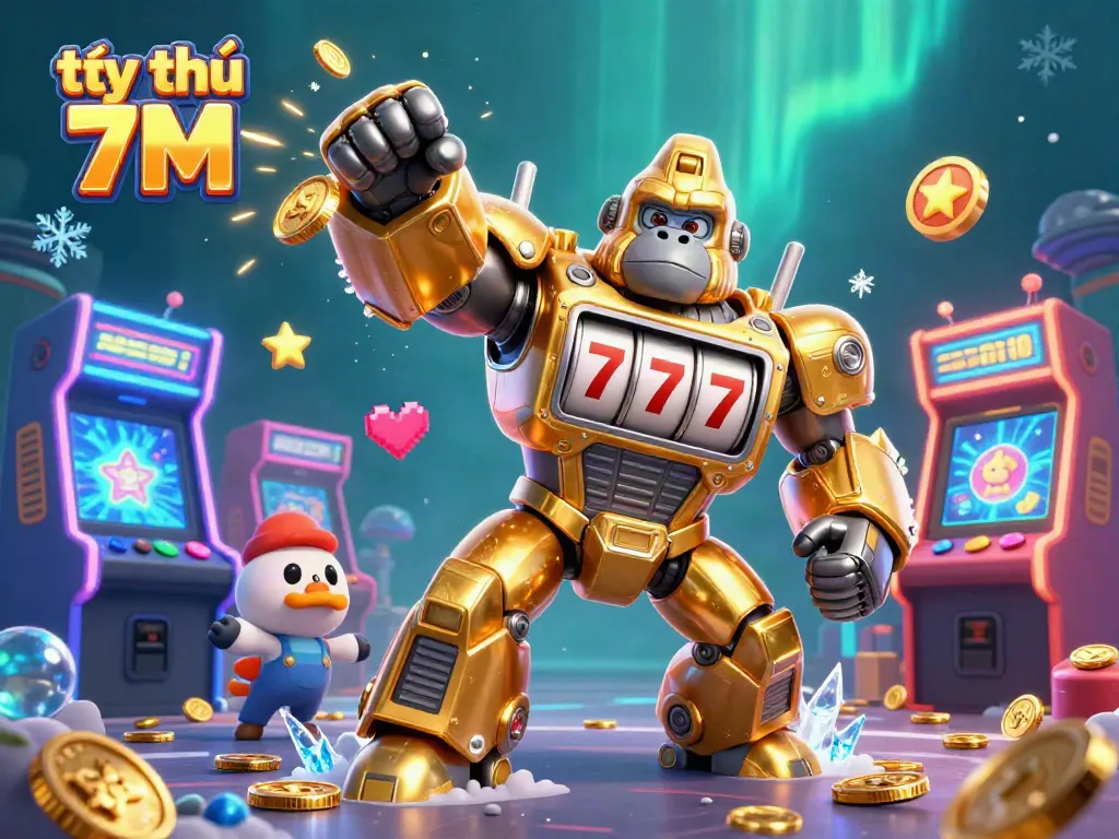 Experience thrilling action with tỷ lệ 7M as the golden gorilla mech triumphantly punches upwards amidst exploding coins.