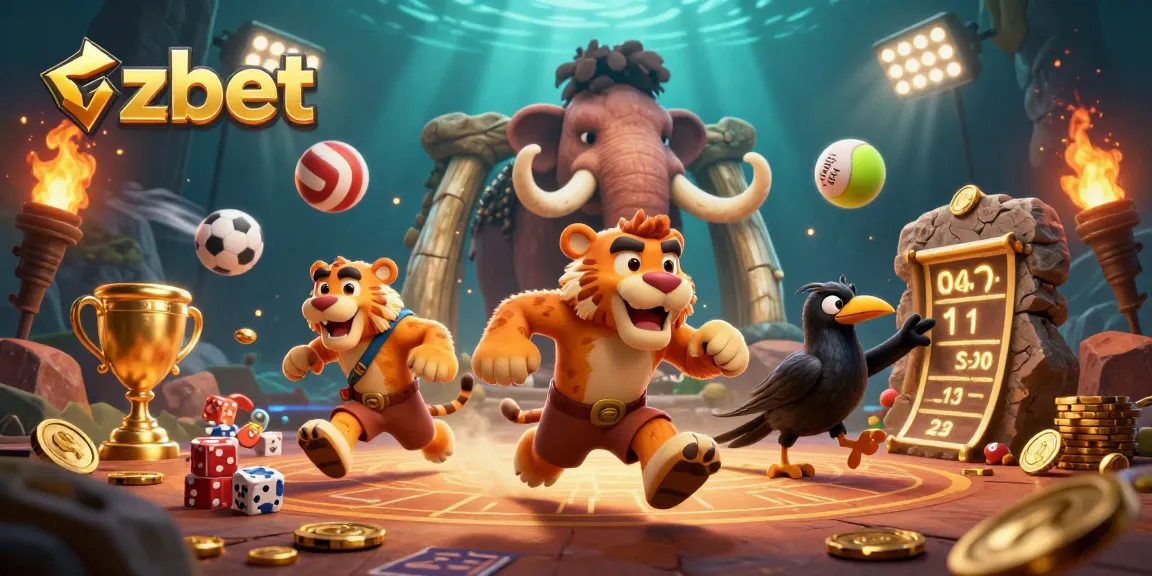 Zbet engages players with exciting sports betting in a prehistoric casino scene filled with vibrant characters.