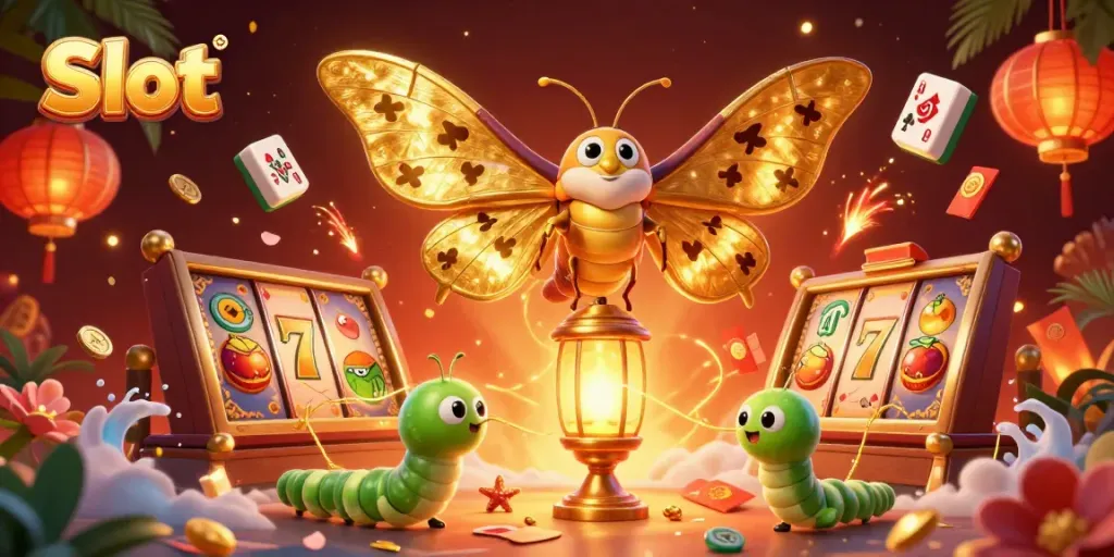 Spin vibrant Slot machines with a cartoon atlas moth amidst a dynamic casino scene
