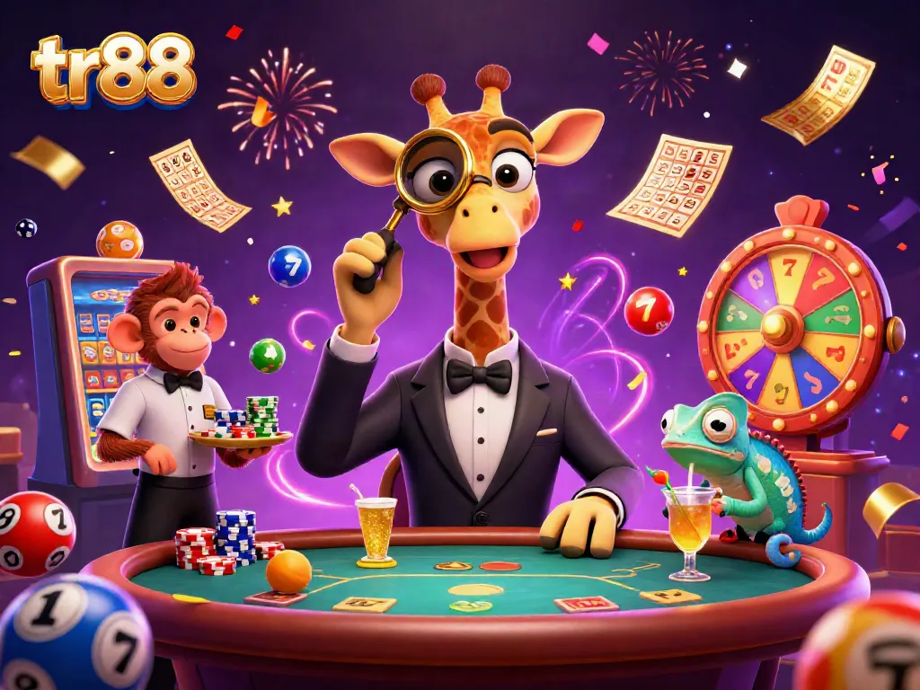 Experience the thrilling atmosphere of tr88 with a vibrant casino scene featuring a giraffe, monkey, and chameleon, surrounded by festive gaming elements.