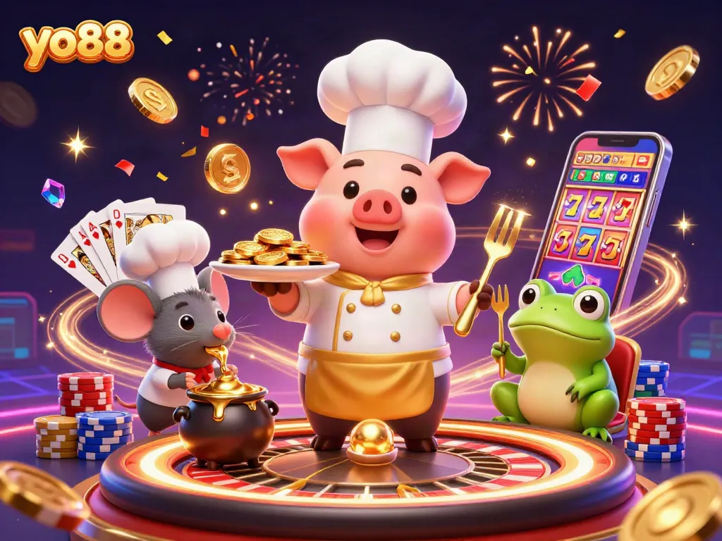 yo88 chef pig serves gold coins beside sous-chef mouse and critic frog in a vibrant casino scene