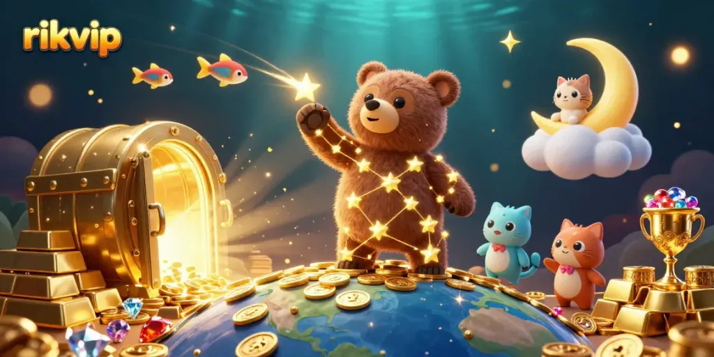 Play and win prizes at rikvip with immersive 3D casino characters and sparkling treasure.