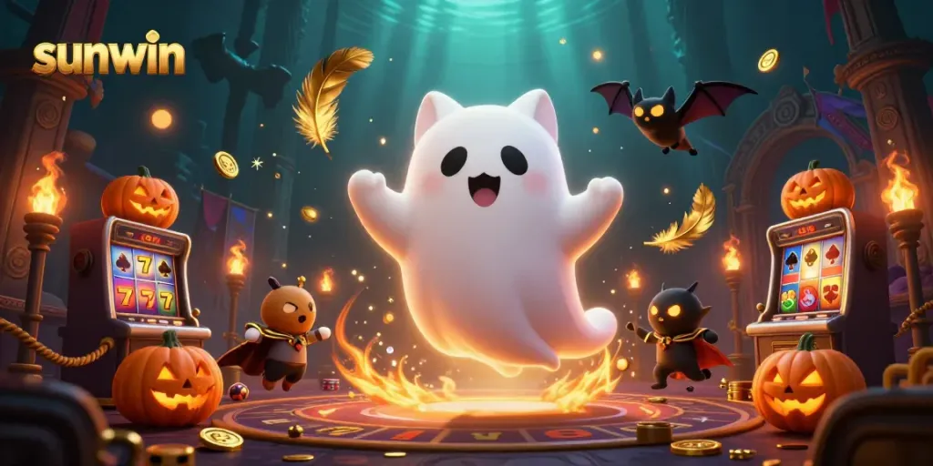 Engage with the vibrant sunwin gaming world as a friendly ghost cat and bat explore a haunted casino scene.