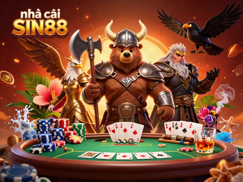 Immerse in thrilling action with nhà cái SIN88, featuring a Viking bear and Valkyrie eagle amidst vibrant poker elements.
