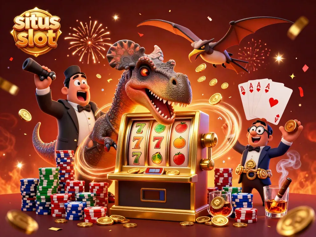 Situs slot illustration of a cartoon dinosaur at a slot machine, catching flying coins amid a colorful casino scene.