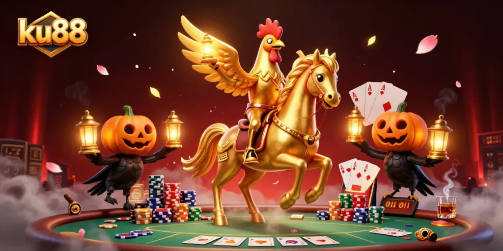 ku88 creates an exciting casino scene with a golden rooster, poker elements, and vibrant lanterns.