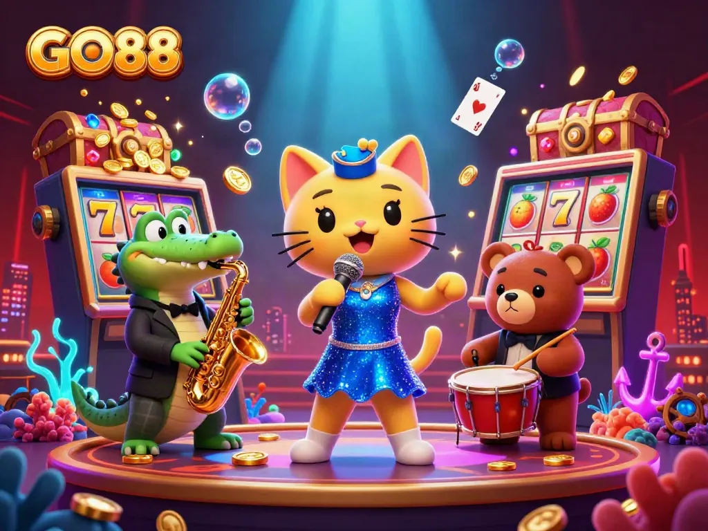 Engage with GO88’s vibrant casino scene featuring a spirited jazz-singer cat, saxophonist crocodile, and drummer bear cub.