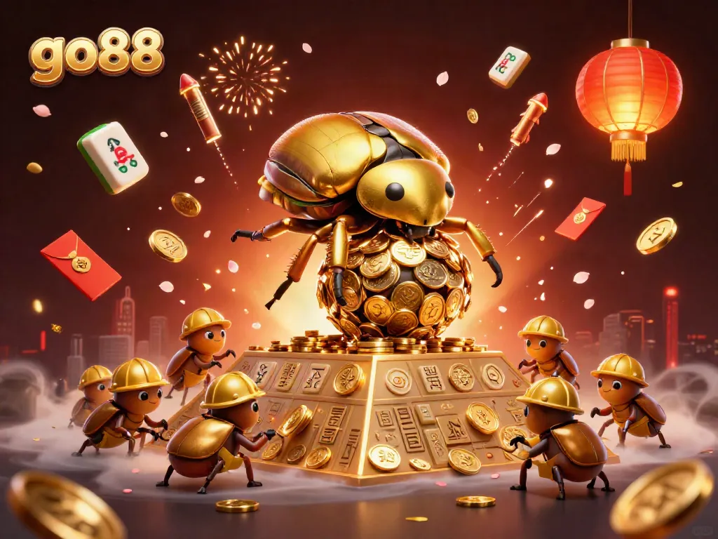Experience the vibrant energy of go88 with a golden beetle rolling coins in a dynamic casino scene.