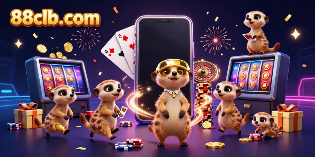 A 3D cartoon illustration featuring meerkats engaged in a casino operation at 88clb-com, showcasing excitement and vibrant details in a gaming atmosphere.