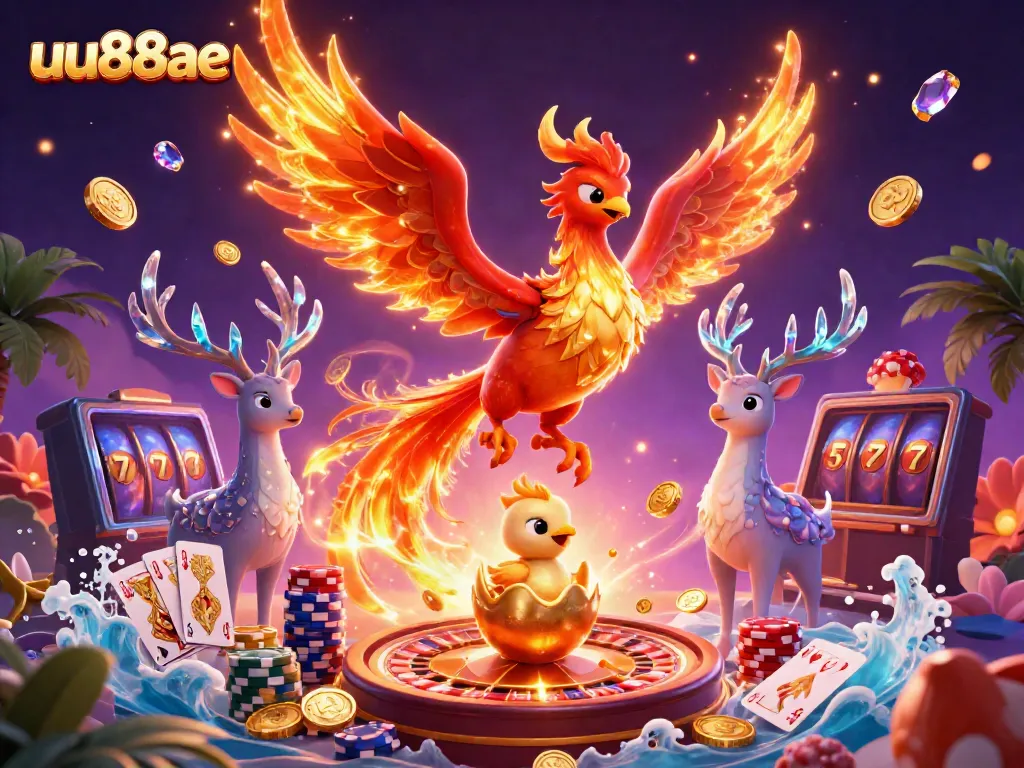 Engage in thrilling gameplay at uu88ae with vibrant phoenix and casino elements in a captivating scene.