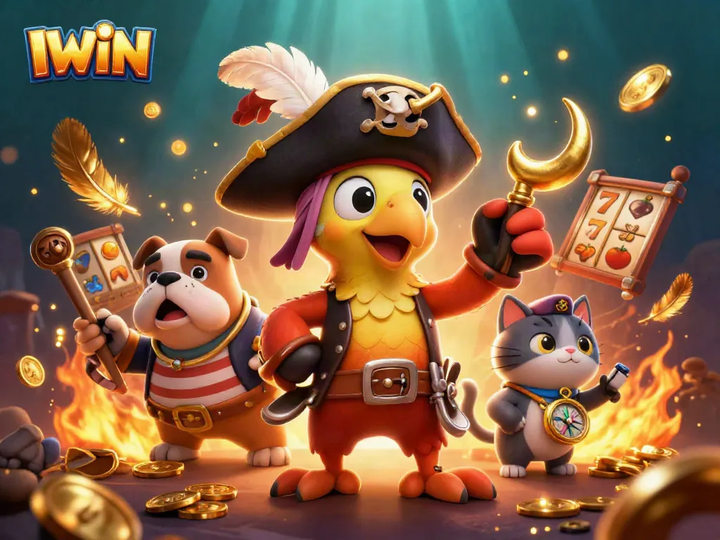 IWIN showcases a pirate adventure with colorful slot reels and golden tokens swirling around characters.