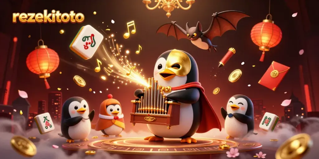 Experience rezekitoto with a vibrant 3D casino illustration featuring caricatures and dynamic game elements.