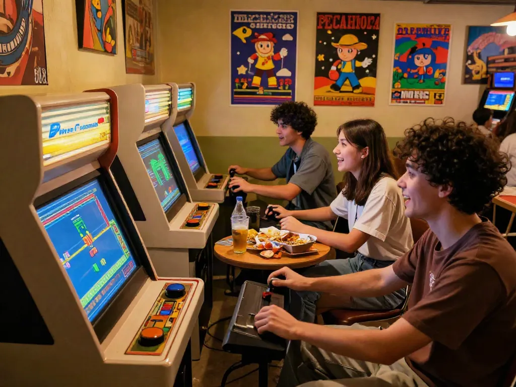 Friends enjoying classic PECAH404 arcade games in a nostalgic gaming environment.