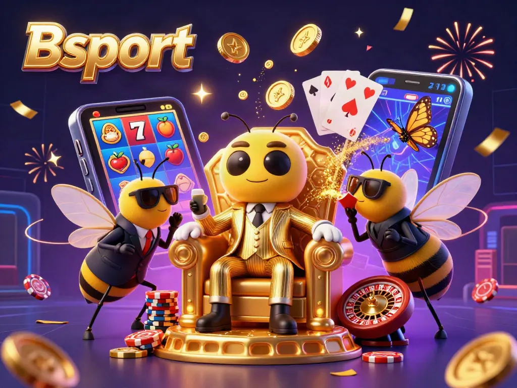 Bsport brings excitement to gaming with a 3D illustration featuring animated characters in a dynamic gambling scene.