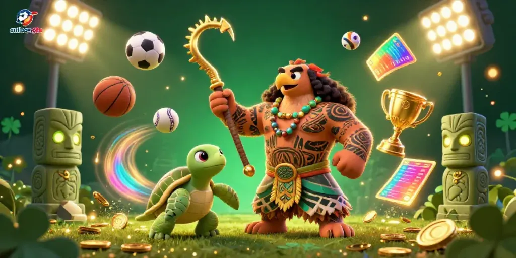 Sutbongtv sports betting scene with a demigod hawk, turtle sidekick, and flying sports balls.