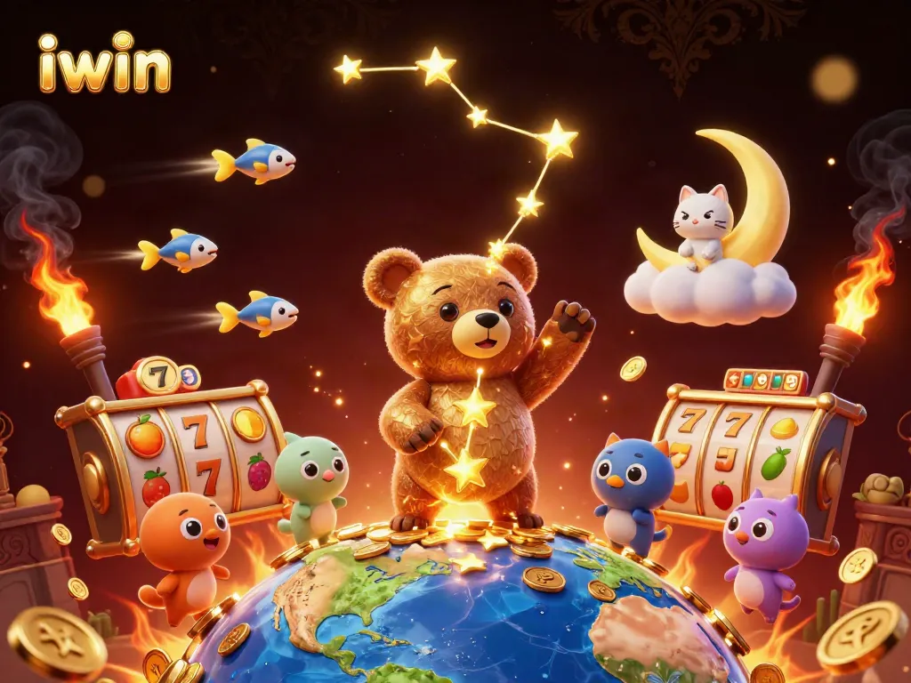 Engage with iwin in this vibrant casino scene featuring a constellation bear and dynamic slot elements.
