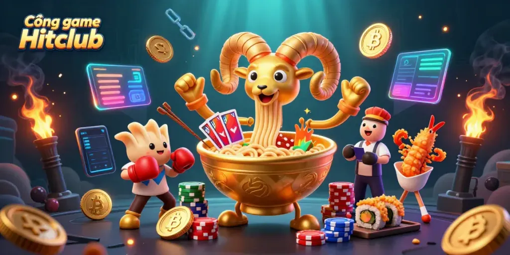 Engage with Cổng game Hitclub featuring a dynamic 3D scene of playful characters and exciting casino elements.