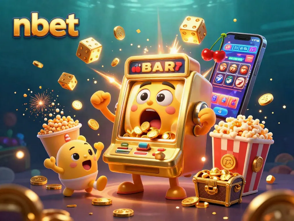 Experience nbet's excitement with a golden slot machine hitting the jackpot in this vibrant casino scene.