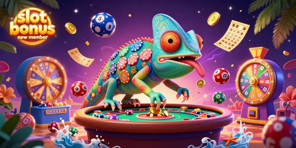 Engage with slot bonus new member promotions featuring a vibrant casino scene with a chameleon owner amidst excitement.