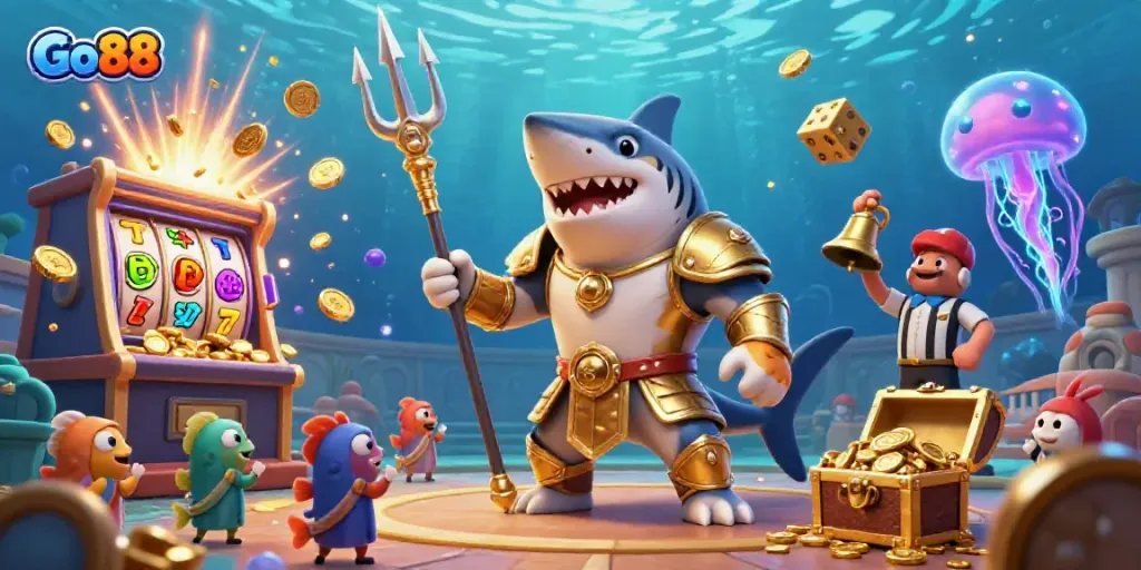 Engage with Go88’s vibrant underwater casino scene featuring a tiger shark champion amidst slots and treasures.