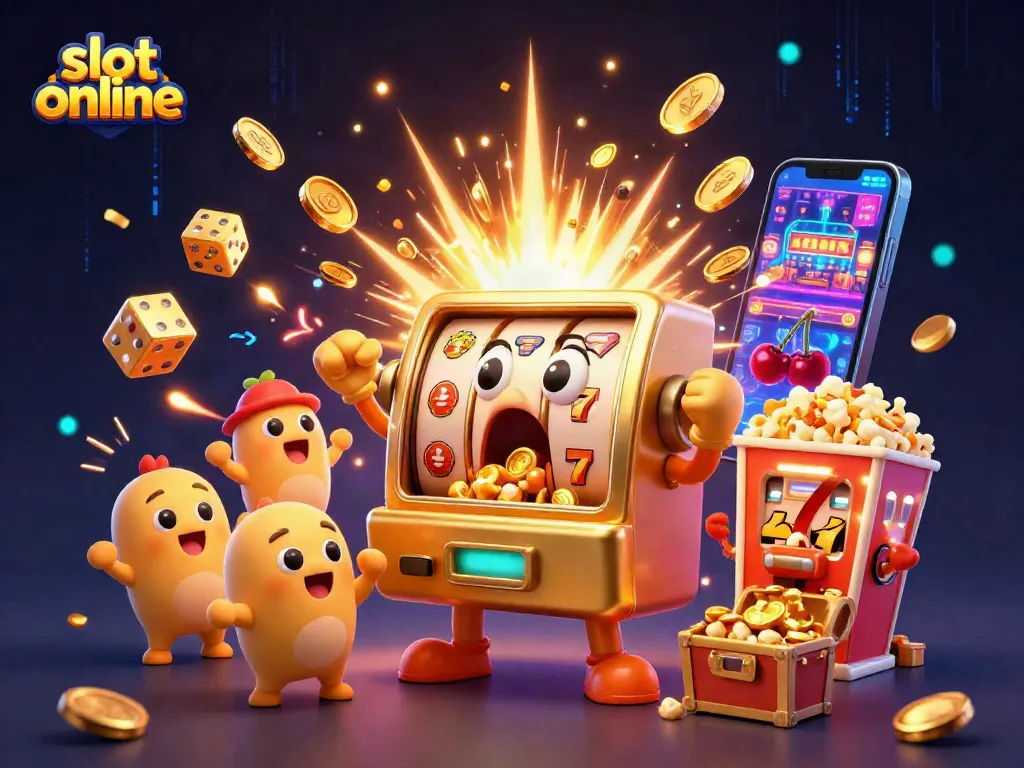 Experience the excitement of slot online with a golden slot machine winning jackpots as coins rain down.