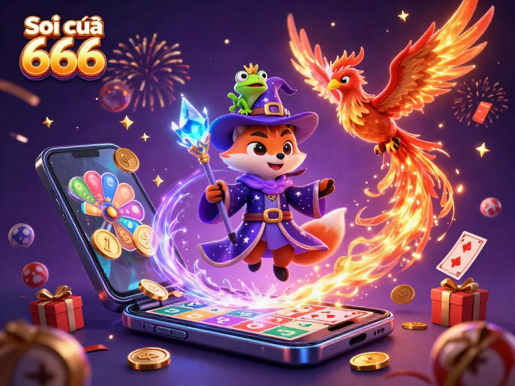 Soi cầu 666 vibrant lottery-themed illustration featuring a wizard fox, phoenix, and enchanted frog with dynamic gaming elements.