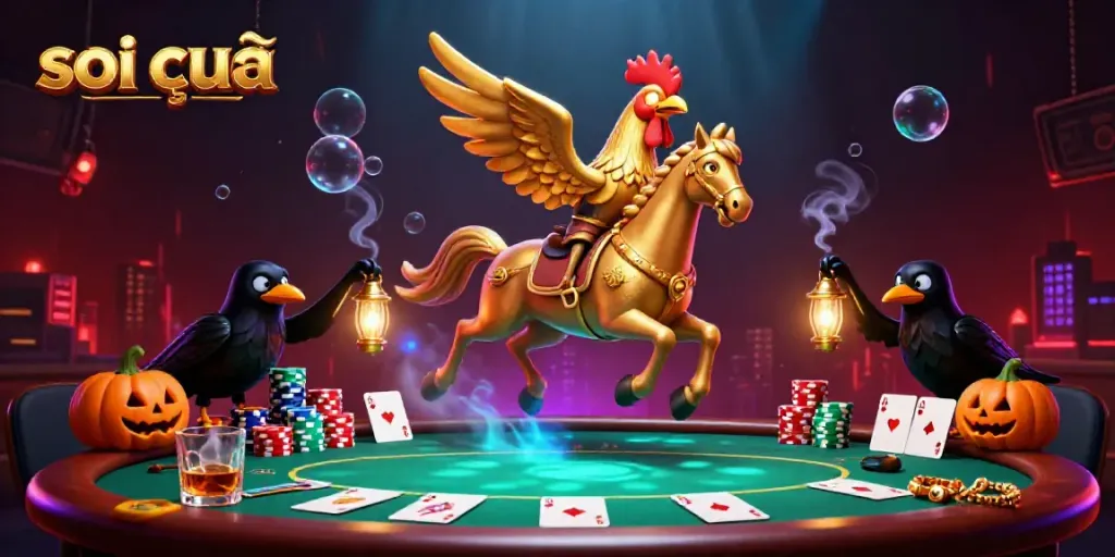 Experience soi cầu action with a golden rooster navigating a midnight casino, surrounded by vibrant gambling elements.