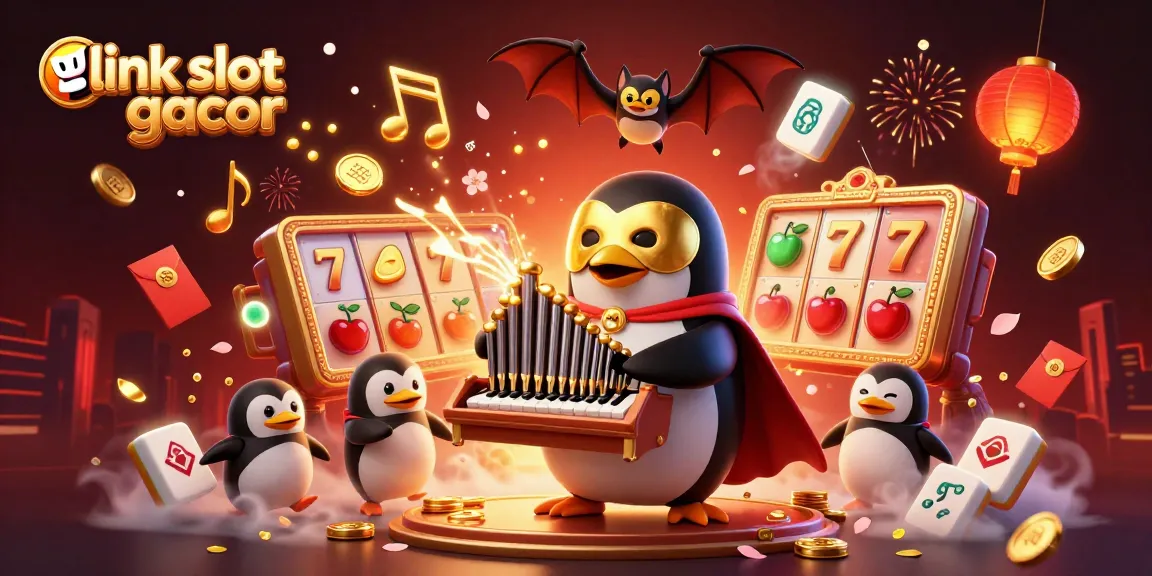 Engage with the action of link slot gacor as the cartoon penguin plays an organ that showers golden coins in a vibrant casino setting.