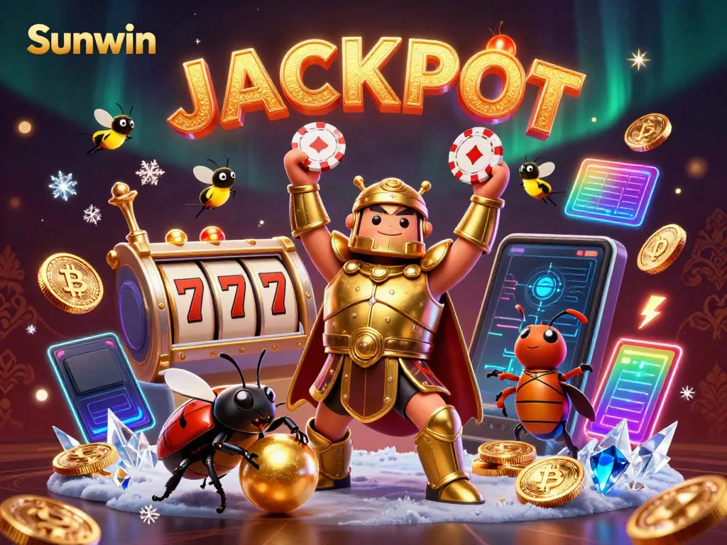 Experience Sunwin's thrilling jackpot with a gladiator beetle in a vibrant casino scene.