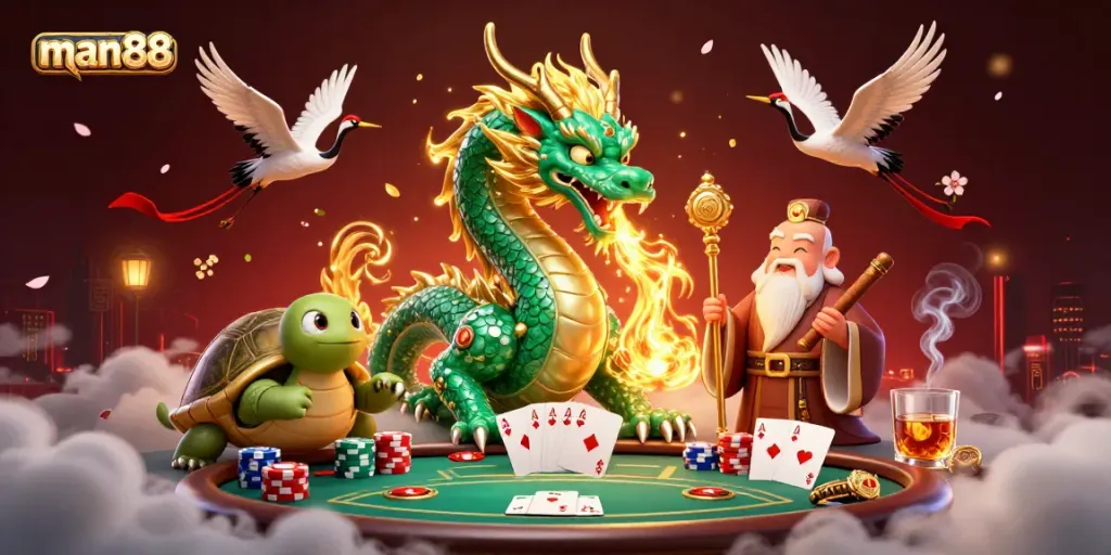 Experience thrilling gameplay at man88 with a dramatic 3D scene featuring a majestic dragon and poker elements.