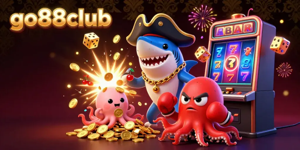 Experience the excitement of go88club with a vibrant illustration of casino fun featuring characters like a pirate shark and treasure effects.