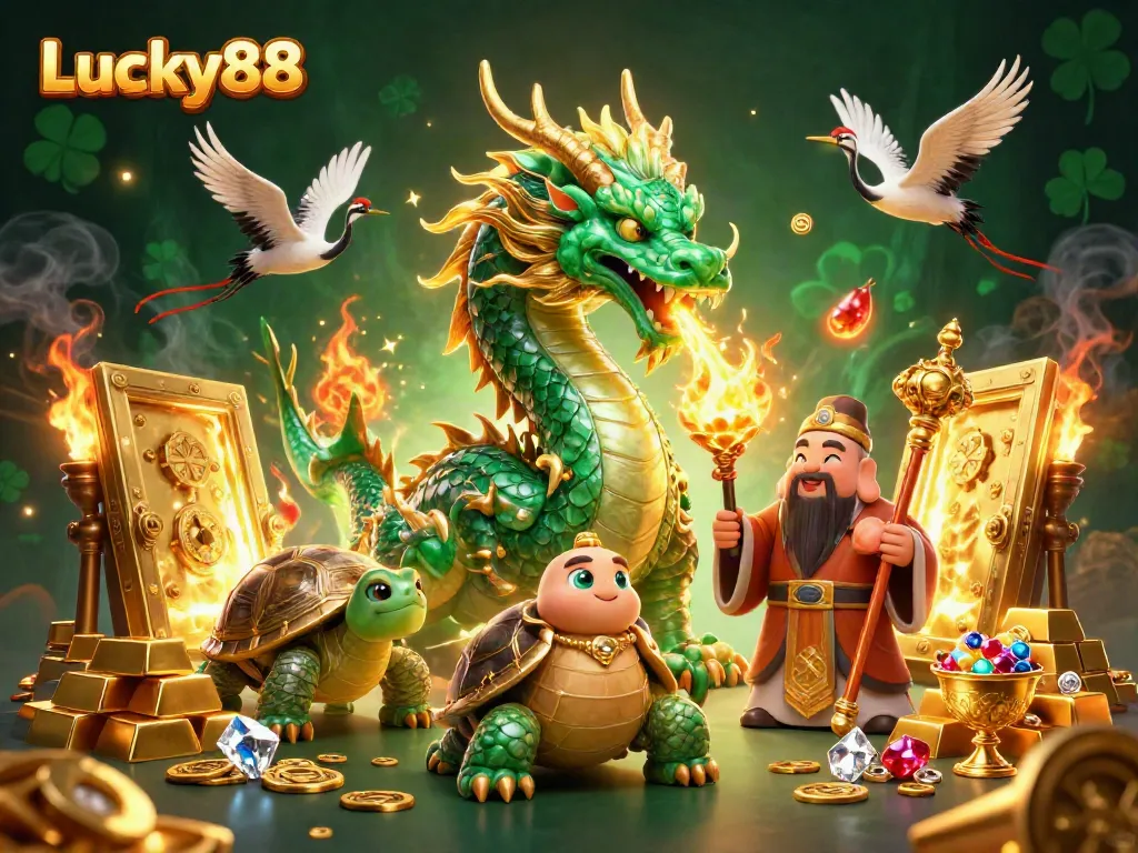 Experience Lucky88 with an emerald jade dragon and golden treasures in a vibrant casino scene.
