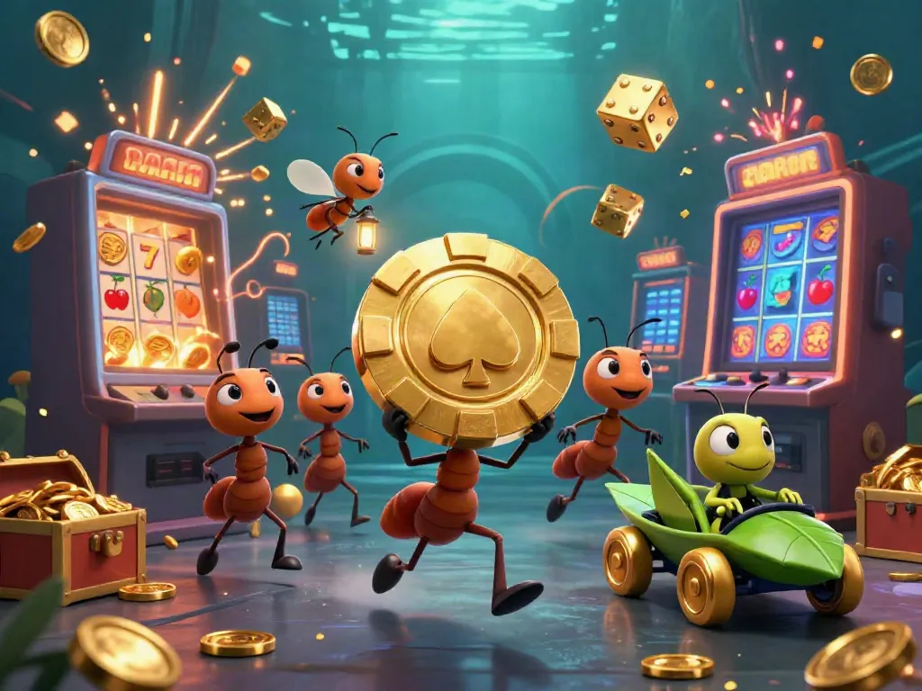 Ants carrying a massive poker chip in a vibrant casino-themed scene at tn88 store.
