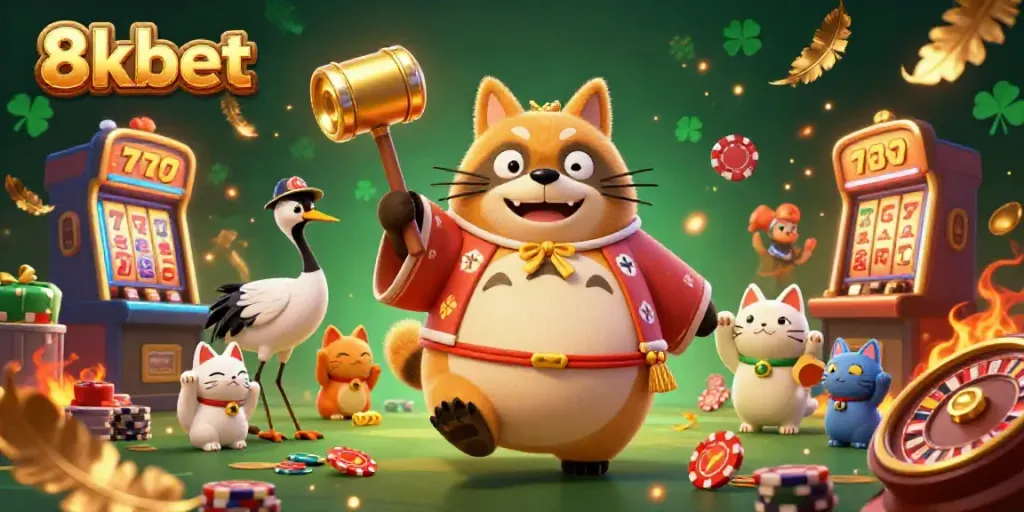 Experience the excitement of 8xbet with this vibrant casino-themed illustration featuring a cheerful tanuki and lucky symbols.