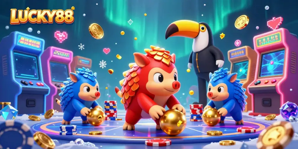 LUCKY88 features exciting pangolin rivals rolling poker chips in a vibrant casino setting.