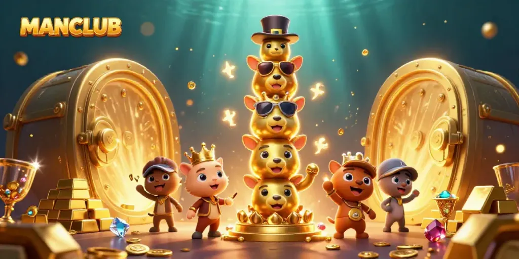 Engage with MANCLUB in a vibrant, animated casino-themed scene full of treasures and excitement.